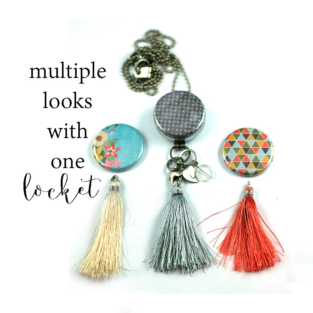 Quastenkette | 3 Wechselquasten Wechselbare Magnetdeckel Spiegel-Locket Recycelter Stahl Beliebiges Gestempeltes Initial, Quasten-Locket Quastenkette | 3 Wechselquasten Wechselbare Magnetdeckel Spiegel-Locket Recycelter Stahl Beliebiges Gestempeltes Initial, Quasten-Locket von polarity