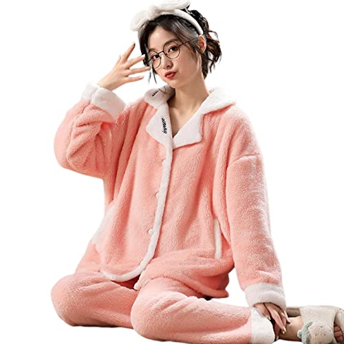 pologmase Fleece-Pyjama für Damen | Damen Fleece 2-teiliges Button-Down-Pyjama-Set | Dicke, warme, langärmlige Hose, zweiteiliges Set von pologmase