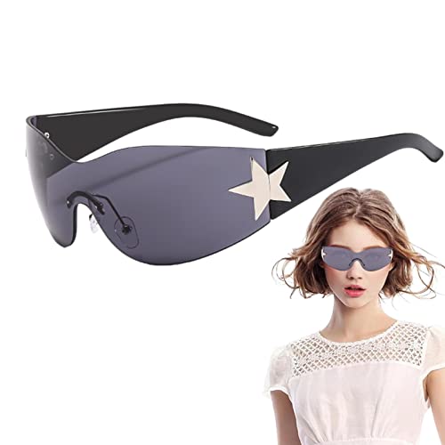 pologmase Y2K Sonnenbrille, Punk Sonnenbrille Goggle New Y2k, Damen Randlose Sonnenbrille Y2K Wrap Around, 2000S Trendy Star Y2K Brillenschirme UV400 Für Männer Frauen von pologmase