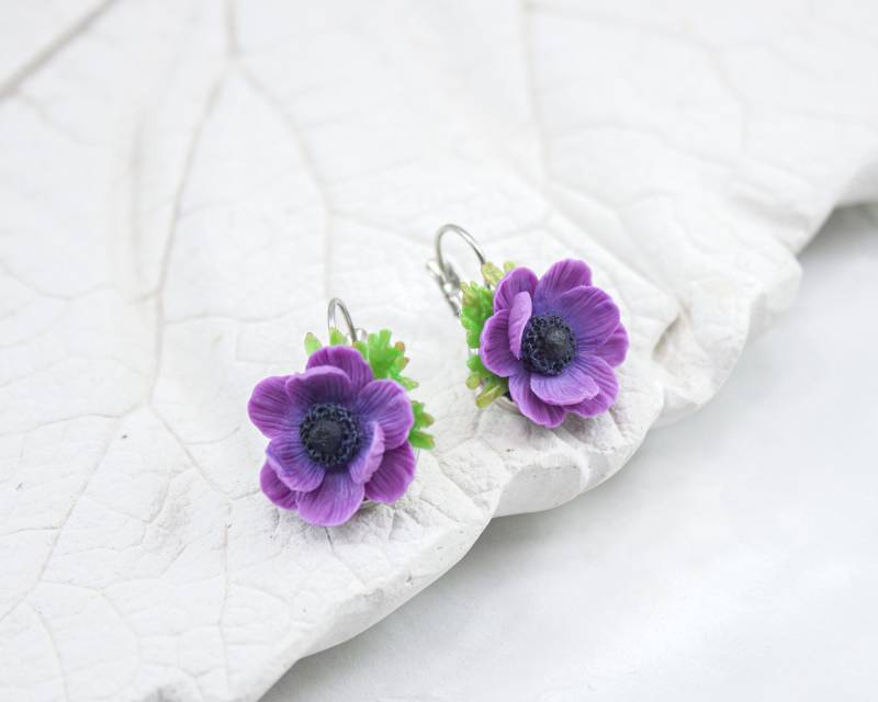 Blumen Ohrringe Mit Lila Anemone Handgemachte von polymerFlowers