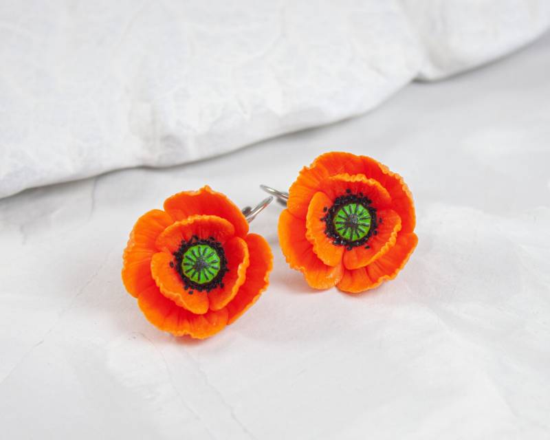Orangenmohnblumen Ohrringe Polymer Clay Blüten Schmuck von polymerFlowers