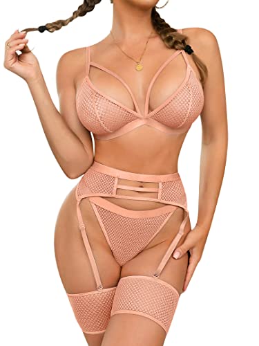 Popiv Damen-Dessous, sexy Riemchen, Spitze, Strumpfband, Dessous-Set, hohe Taille, durchscheinendes Netzgewebe, PeachPink, X-Small von popiv