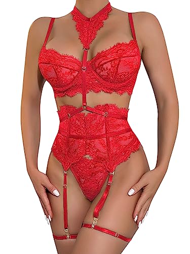 Popiv Damen Dessous Set Sexy 4 Stück BH und Höschen Set Spitze Wimpern Unterwäsche Set mit Choker Hohe Taille Hosenträger Set, Red, 38 von popiv