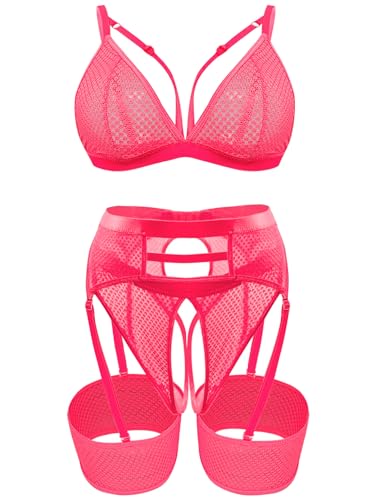 popiv 4 Stück Strumpfband Dessous für Frauen Sexy Cutout Dessous Mesh Matching Dessous Set, Neonpink, Large von popiv