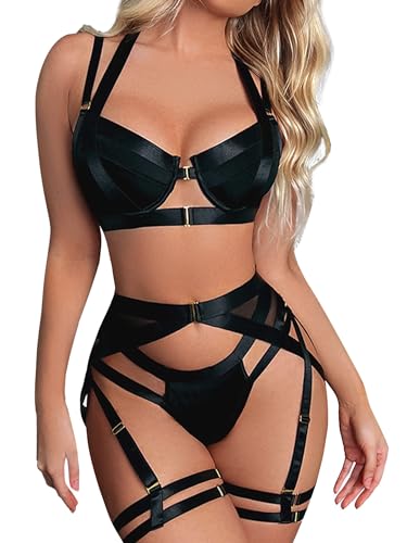 popiv Damen Dessous Set 4 Stück Strapse Dessous mit Oberschenkelmanschetten Strappy Unterwäsche Set mit Strumpfgürtel, Schwarz , 38 von popiv