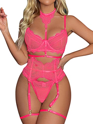 popiv Damen Dessous Set Sexy 4 Stück BH und Höschen Set Spitze Wimpern Unterwäsche Set mit Choker Hohe Taille Hosenträger Set, neon pink, 38 von popiv