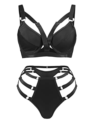 popiv Damen Strappy Dessous Set Sexy Bügel Push Up BH und Höschen Set Zweiteilige Dessous, Schwarz , 38 von popiv