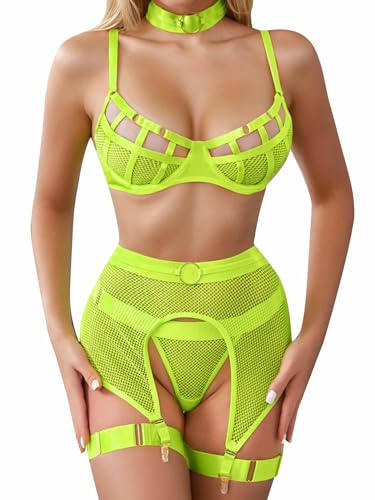 popiv Damen Dessous Sets Sexy Dessous Set mit Strumpfgürtel und Strapse 4 Stück BH und Höschen Sets Hohe Taille Dessous mit Choker, grün, 36 von popiv