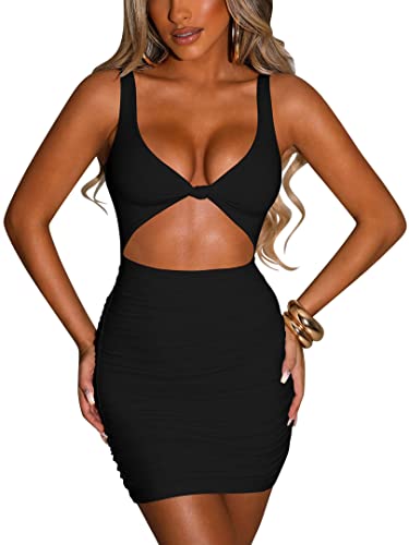 popiv Damen Minikleid Eng Partykleid Kurz V-Ausschnitt Bodycon Kleider Ärmellos Sexy Kleider mit Twist vorne von popiv