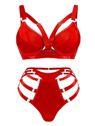 popiv Damen Strappy Dessous Set Sexy Bügel Push Up BH und Höschen Set Zweiteilige Dessous, rot, 38 von popiv