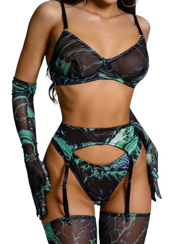 popiv Damen Strumpfgürtel und Strumpf Sets Sexy Spitze Mesh Dessous Passende BH und Panty Sets 5 Stück, Schwarze Krawatte, Medium von popiv