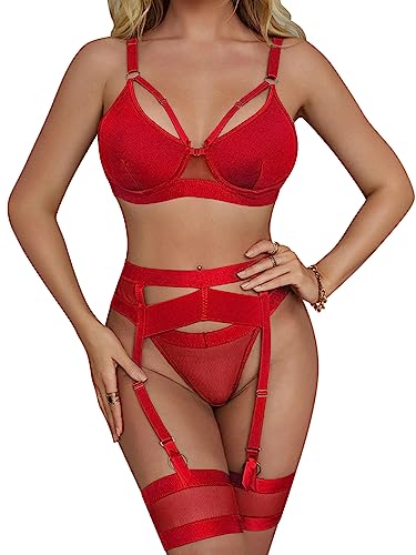 popiv Sexy Dessous-Set für Damen, 4-teiliges Set aus BH und Höschen mit Strumpfgürtel, Riemchen, Dessous-Set mit Oberschenkelmanschetten, rot, 36 von popiv