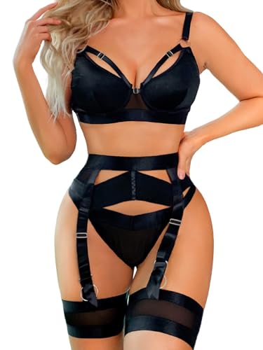 popiv Sexy Dessous Set für Frauen 4 Stück BH und Panty Set mit Strumpfgürtel Strappy Dessous Set mit Oberschenkelmanschetten, Schwarz , 48 von popiv