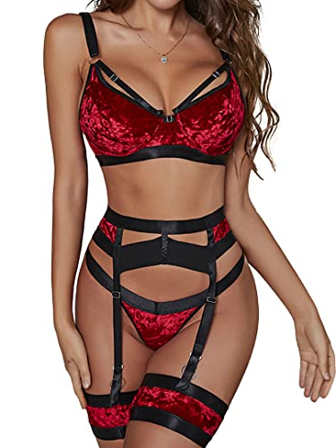 popiv Sexy Dessous Set für Frauen 4-teiliges BH und Höschen Set mit Strumpfband Gürtel Träger Dessous Set mit Oberschenkelmanschetten, Samtrot, 36 von popiv