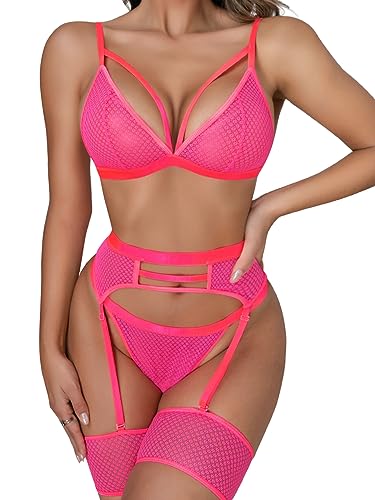 popiv Sexy Dessous-Set für Damen, mit Strumpfgürtel, passendem BH und Slip, Dessous-Set, 4-teilig, Pink, XX-Large von popiv