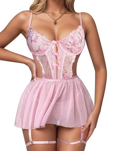 popiv Sexy Dessous-Set für Damen, Spitzenkorsett, Babydoll, Dessous, Rock, Netzstoff, Nachtwäsche, Kleid, Pink, Medium von popiv