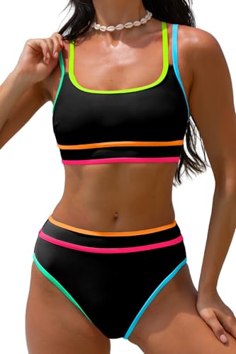 popvil Damen-Bikini-Set, hohe Taille, Bauchkontrolle, sportlich, zweiteilig, Strandkleidung, Neon-Bikini für Damen, Schwarz, Large von popvil