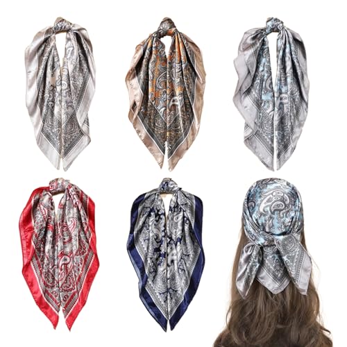 poraceous 5 Stück Bandana Damen, Kopftuch Damen, Headwear Schal Paisley Muster, Quadratische Satin-Kopftücher, für Mutter Geeignet Kopftuch Bandanas Haartuch Halstuch Haarschmuck (60 × 60 CM) von poraceous