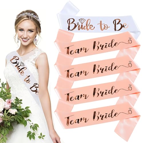poraceous 5 Stück Bride to be Schärp, Deko Schärpe Set, 1 White Bride to Be + 4 Team Bride Sash, mit Glänzender Rose-Gold-Schrift Schärpe, für Braut Bachelorette Party Frauen, Brautparty Hochzeit von poraceous