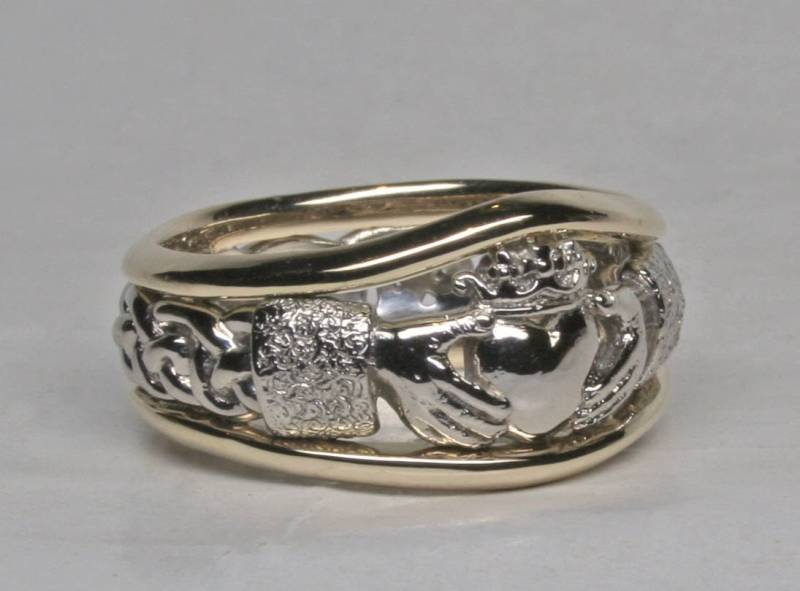 Claddagh Ring Mit Celtic Knot Work Band Und Rändern in 14K Weißem Palladium Gelb Größe 9, 25 von postgatejewelers
