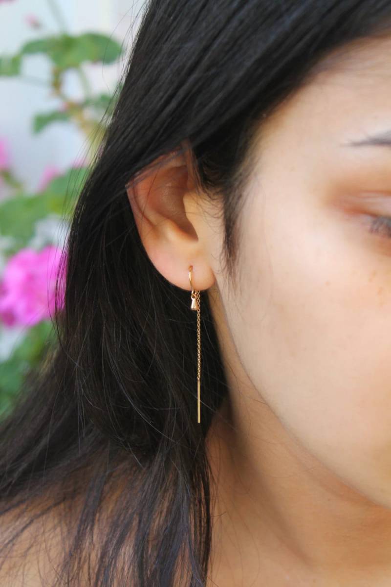 14K Gold Filled Einfädler Ohrringe, Gefädelter Faden Mit Winzigem Tropfen, Paar Hängeohrringe, Schlichter Moderner Schmuck von potionumber9