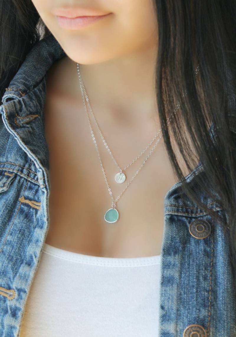 Aquamarin Sterling Silber Geschichtete Initial Halskette, Meer-Schaum Grün, Personalisierte Gestempelte Scheibe Doppelkette, Zwei 2 Stränge Mint von potionumber9