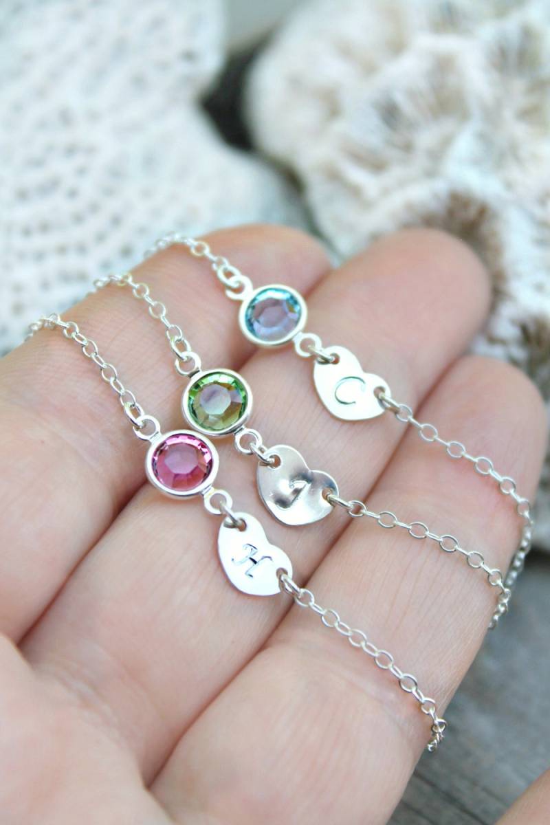 Kinderarmband Kleines Mädchen Armband Sterling Silber Individuell Gestempelt Initial Herz Tag Swarovski Birthstone von potionumber9