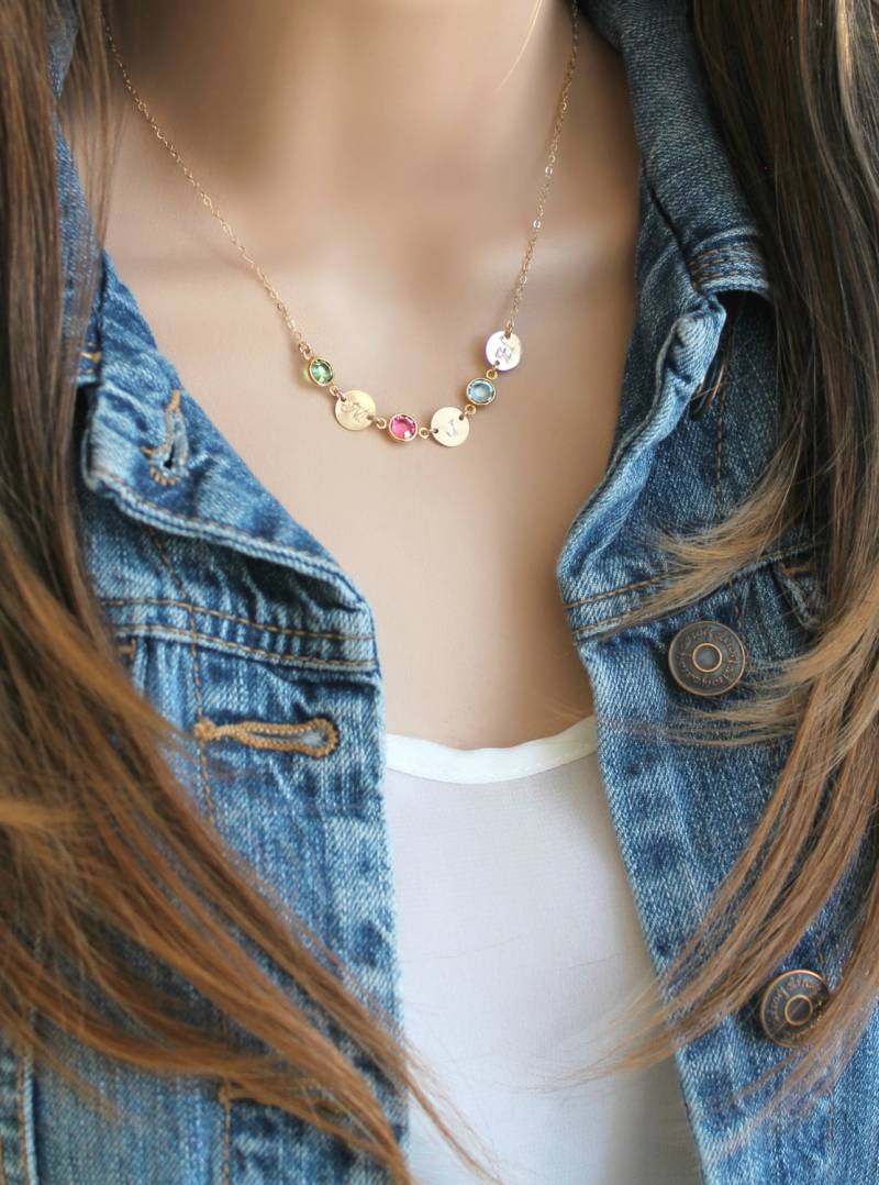 Personalisierte 14K Gold Gefüllte Anfangshalskette, Monogramm, Benutzerdefinierte Gestempelte Scheiben, Swarovski-Geburtssteine, Mutter von potionumber9