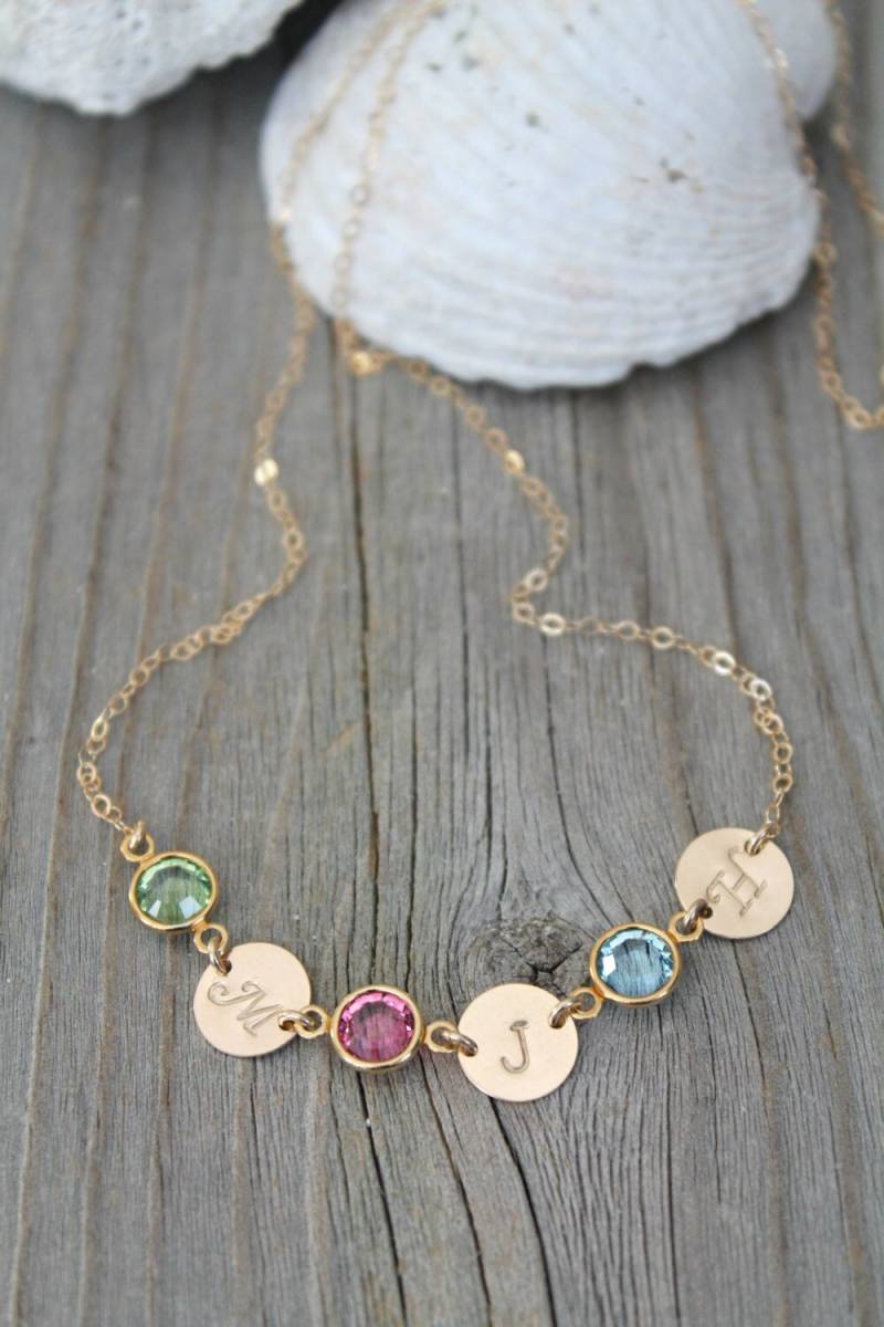 Personalisierte 14K Gold Gefüllte Anfangshalskette, Monogramm, Benutzerdefinierte Gestempelte Scheiben, Swarovski-Geburtssteine, Mutter von potionumber9