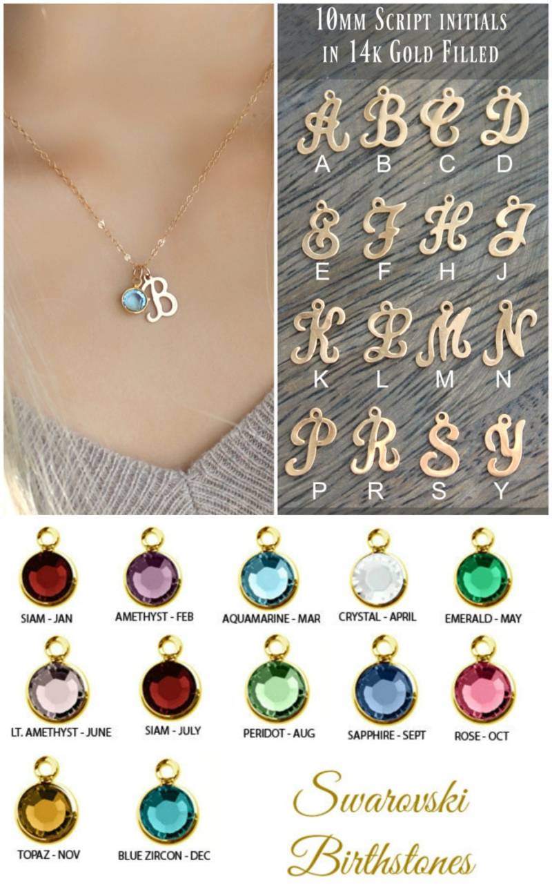 Script Letter Halskette, Personalisierte 14K Gold Gefüllte Initiale, Swarovski Geburtsstein, Monogramm Buchstabe Brautjungfern A B C D E F H J K L N von potionumber9