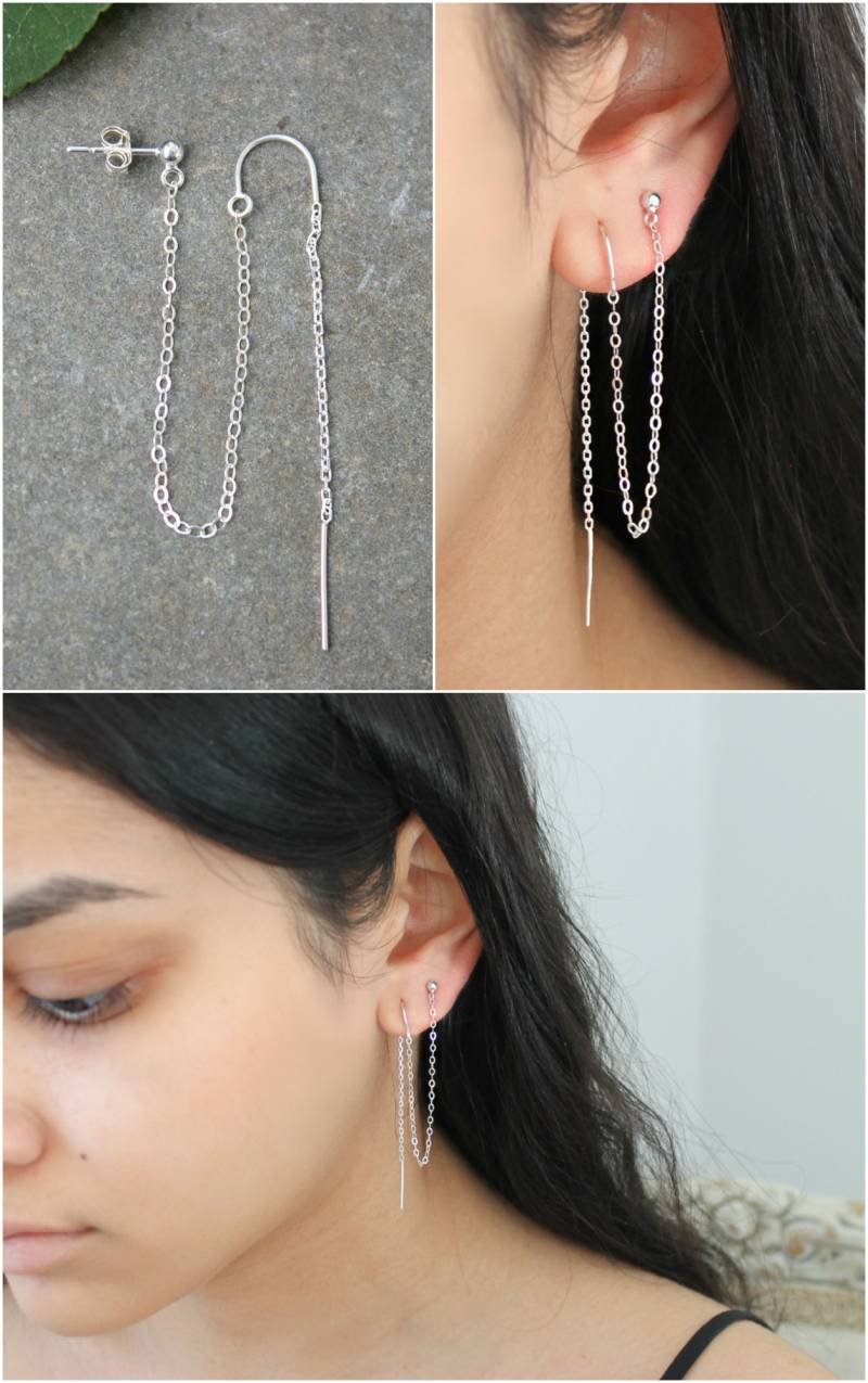 Silber Verbundene Einfädel-Ohrringe, Doppel-Piercings-Set, 925 Sterling Silber, Eingefädeltes Gewinde, Ball Post Stud, Kombi-Set Aus Zwei Ohrringen von potionumber9