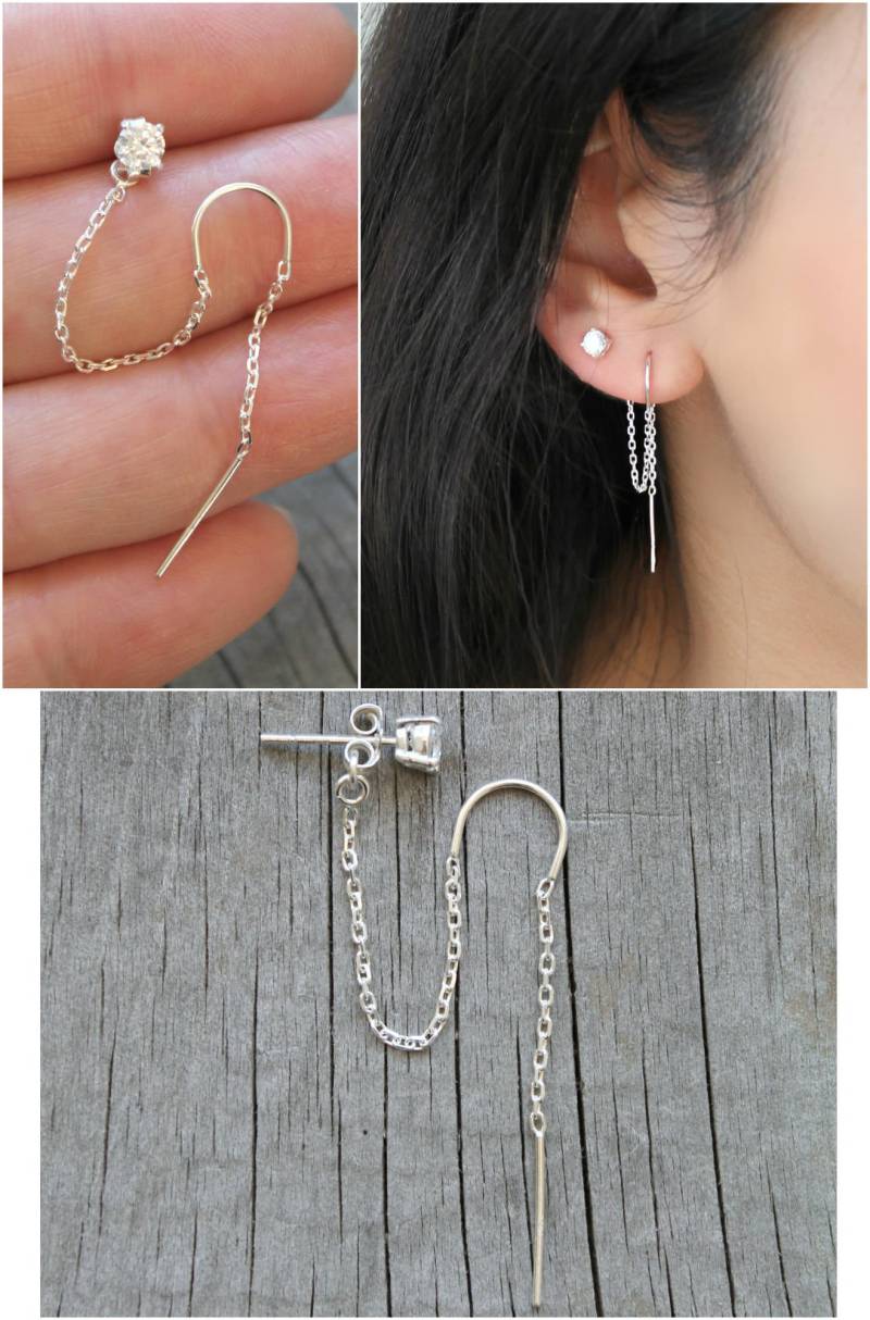 Threader Ohrringe, 925 Sterling Silber, Gefädelter Faden, Zirkonia-Ohrstecker, Doppel, 2 Piercings, Set Zwei Verbundene Potionnummer9 von potionumber9