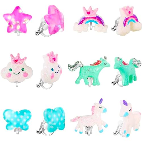 PowerKing Ohrclips für Mädchen, Mädchenschmuck-Anziehohrringe und Prinzessin Play Ohrclips für Kinder, 6 Paare (Boucle d'oreille fille-Licorne) von powerking