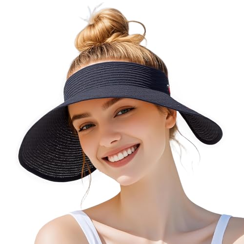 powerking Sonnenschutz für Frauen, UV-Schutz breiter Rand Stroh Strandhut, verpackbare klappbare Pferdeschwanz Sommerhüte perfekt für den Sommerurlaub, Schwarz powerking Sonnenschutz für Frauen, UV-Schutz breiter Rand Stroh Strandhut, verpackbare klappbare Pferdeschwanz Sommerhüte perfekt für den Sommerurlaub, Schwarz von powerking