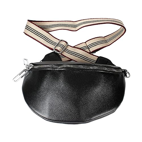 powglass Bauchtasche Damen Stylisch EIN Crossbag Crossbody Bag Damen Umhängetasche Leder Genuine Leder Bauchtasche, Breiter Gurt Handytasche zum umhängen Damen Ledertasche, Schwarz von powglass