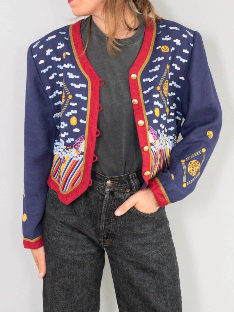 Bogner Jacke Vintage Stickereien Blouson Blazer Designermode Leinen Viskose Cropped von prachtstuecke