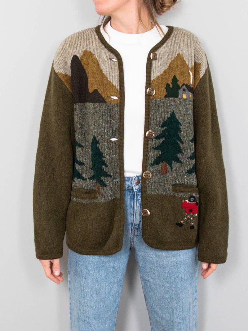 Cardigan Vintage Wolle Strickjacke Khaki Wald 90Er Jahre Schurwolle Folklore von prachtstuecke