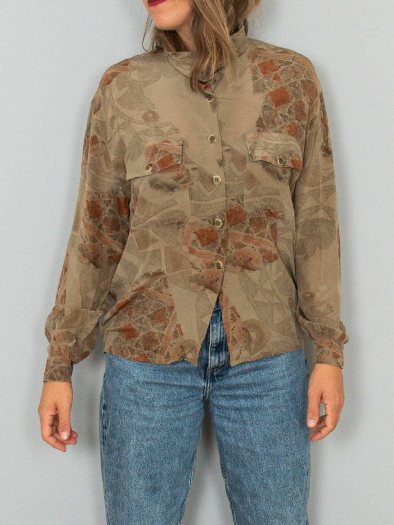 Laurèl Seidenbluse Vintage Bluse Seide Stehkragen Khaki 90Er Jahre von prachtstuecke