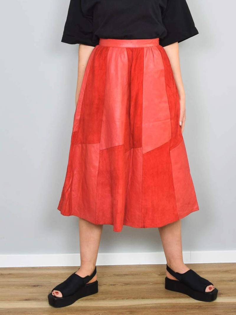 Lederrock Patchwork Vintage Rot Midirock Wildlederrock Leder Wildleder 90Er Jahre von prachtstuecke