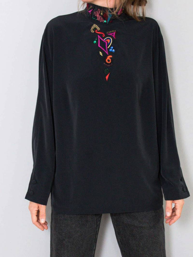 Oberteil Vintage Schwarz Schmucksteine Stehkragen Pailletten 90Er Jahre von prachtstuecke