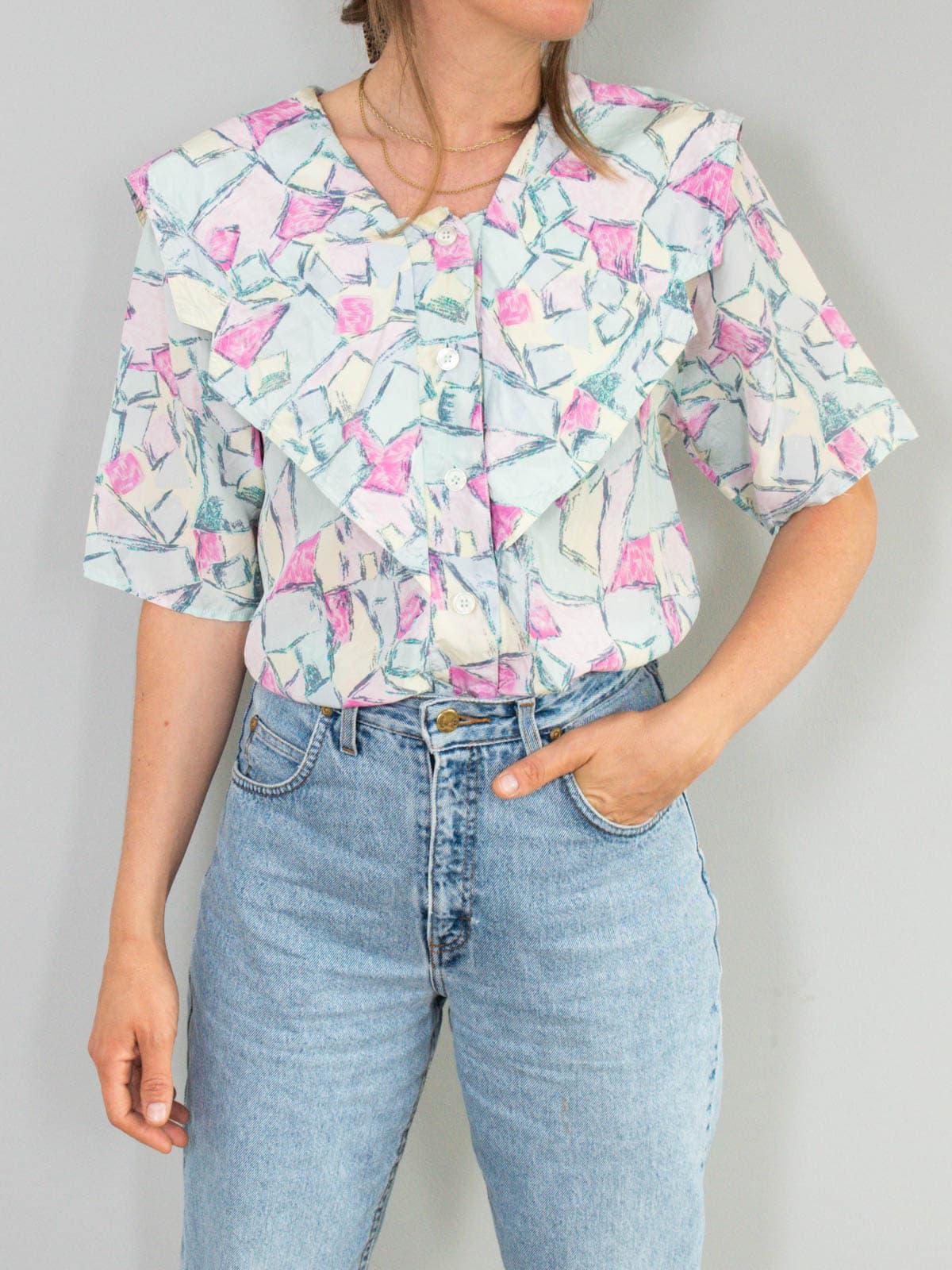 Seidenbluse Vintage Matrosenkragen Pastell Bluse Seide Abstrakt 90Er Jahre von prachtstuecke