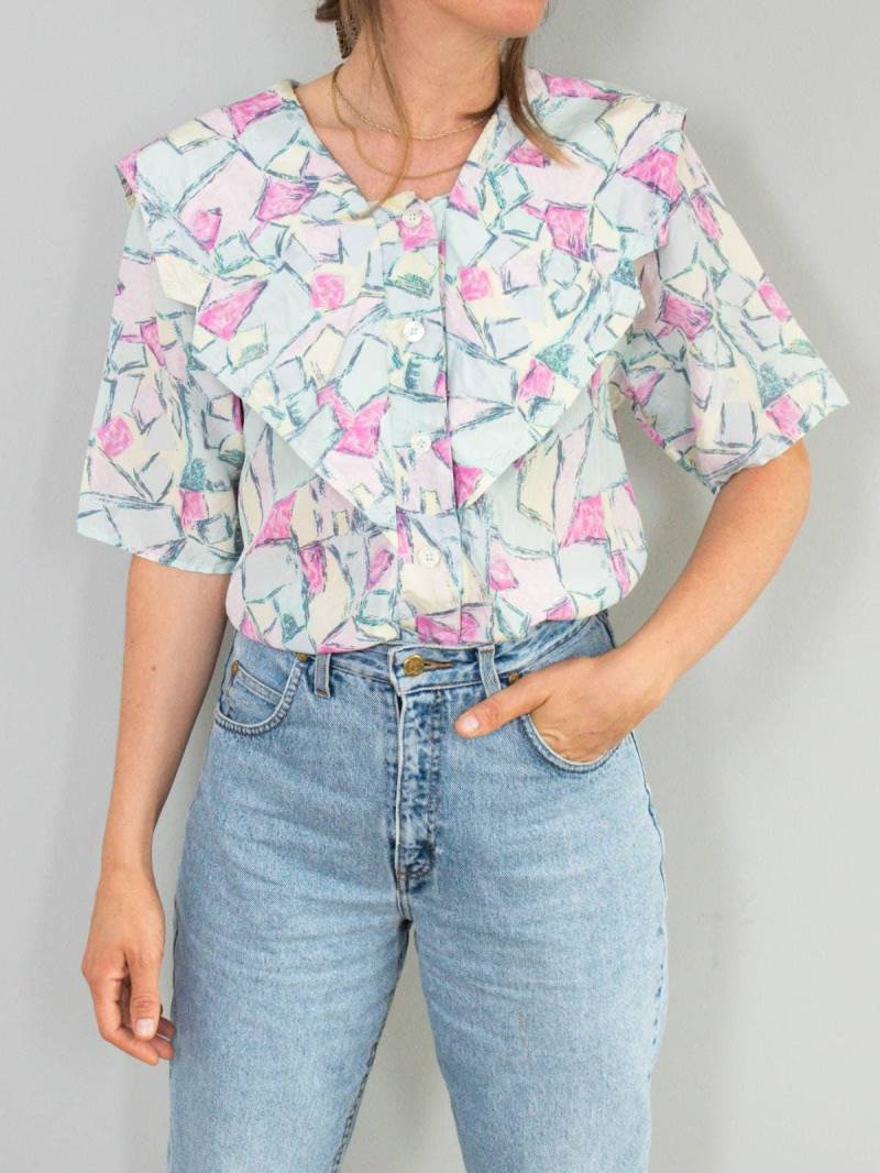 Seidenbluse Vintage Matrosenkragen Pastell Bluse Seide Abstrakt 90Er Jahre von prachtstuecke