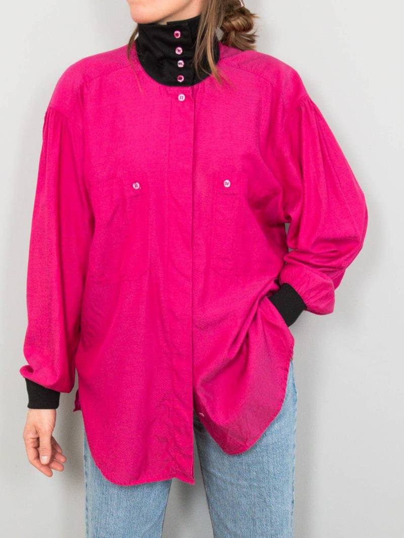 Seidenbluse Vintage Pink Schwarz Oversize Stehkragen 90Er Jahre Seide Baumwolle von prachtstuecke