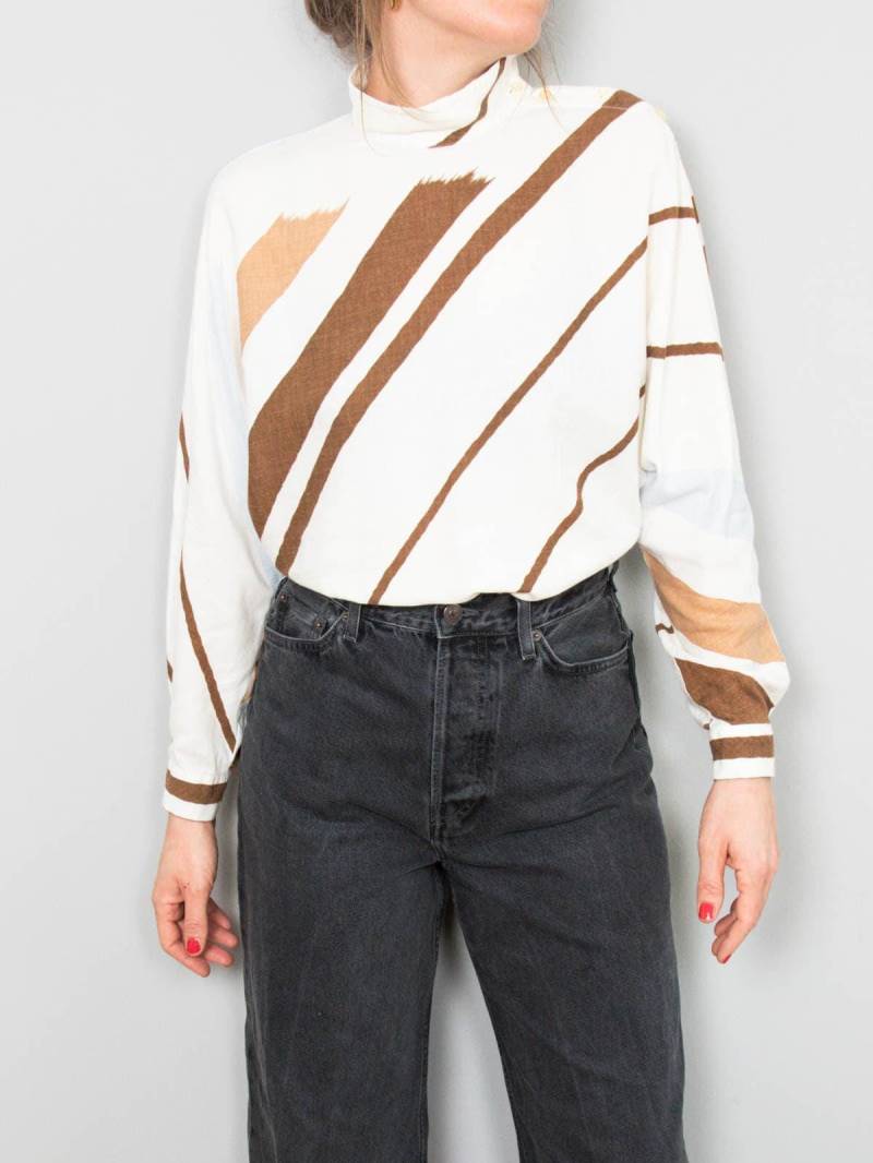 Vintage Bluse Oberteil Weiß Streifen Fledermausärmel Baumwolle Modal 90Er Jahre von prachtstuecke