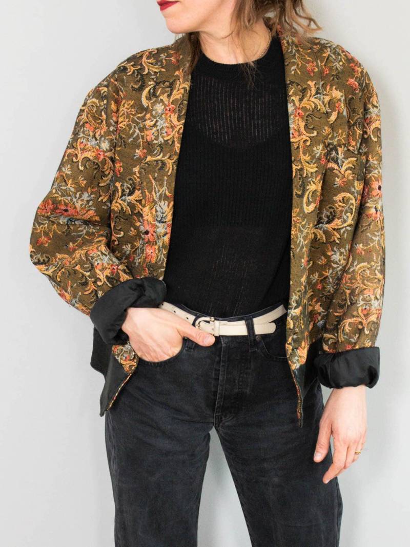 Vintage Brokatjacke Lederjacke Brokat Leder Cropped Khaki Schwarz Bunt 80Er von prachtstuecke