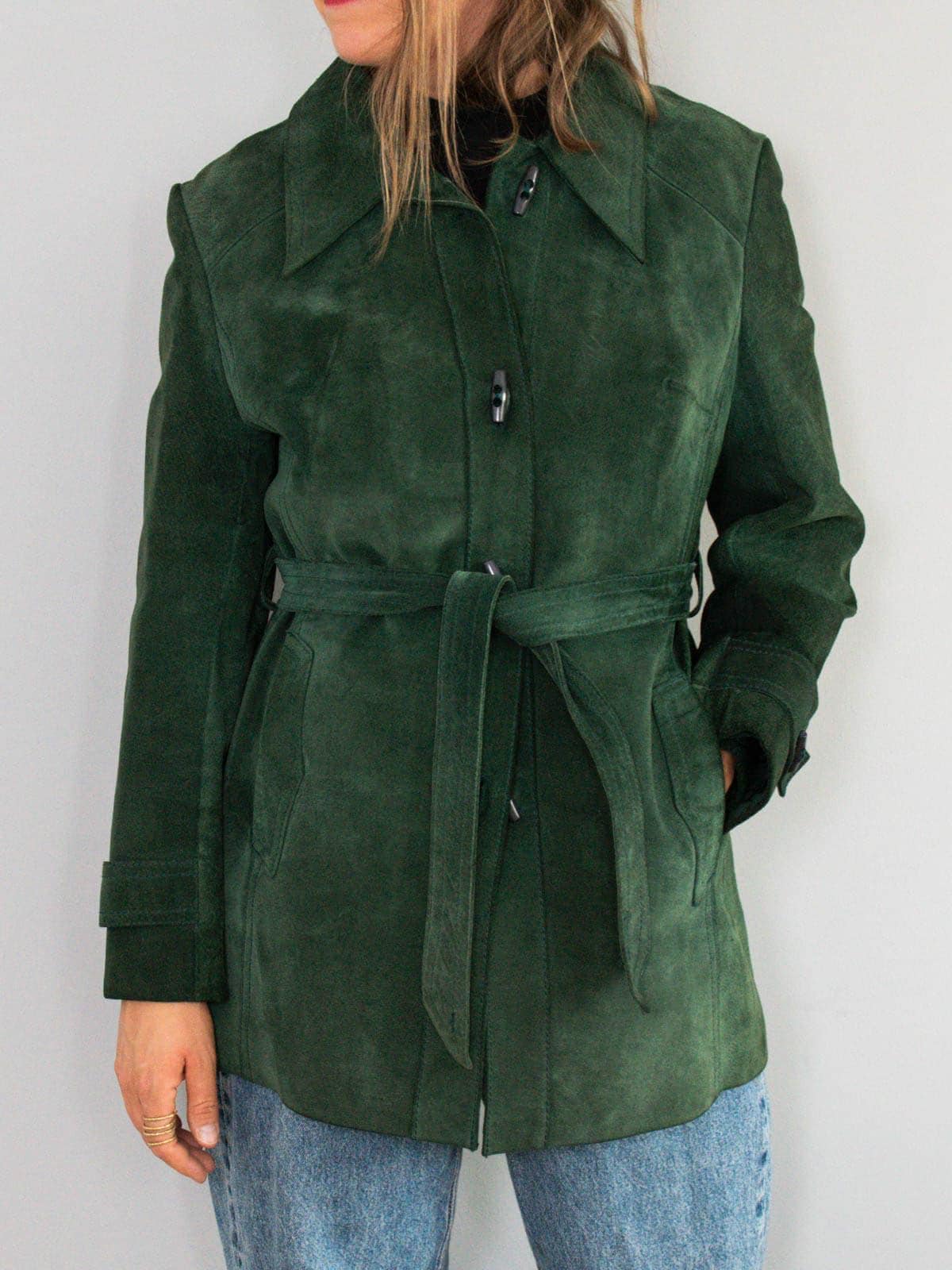 Vintage Wildlederjacke Waldgrün Gefüttert 90Er Jahre Lederjacke von prachtstuecke