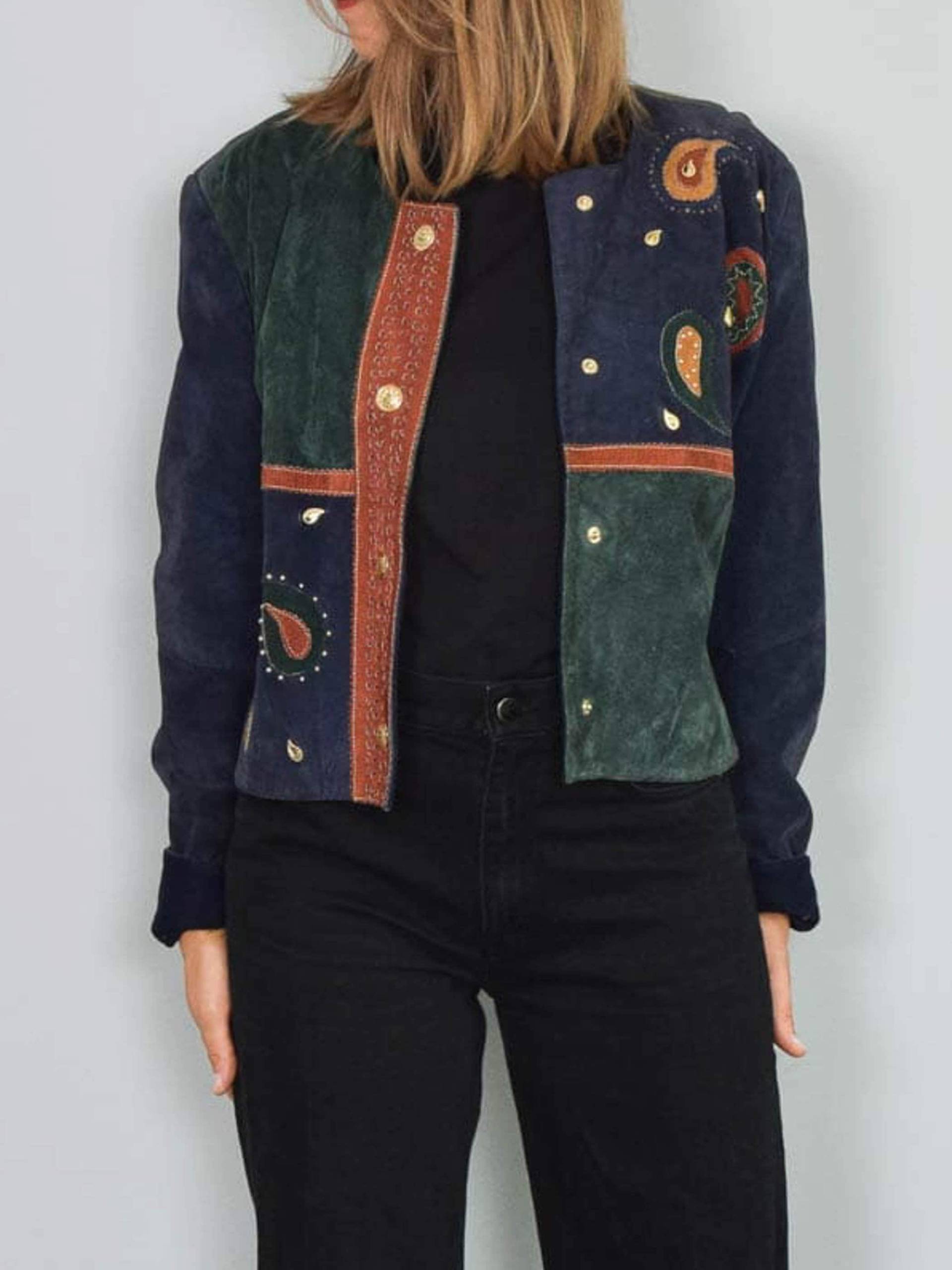 Wildlederjacke Vintage Lederjacke Cropped Wildleder Wolle Gefüttert Paisley 90Er Jahre von prachtstuecke