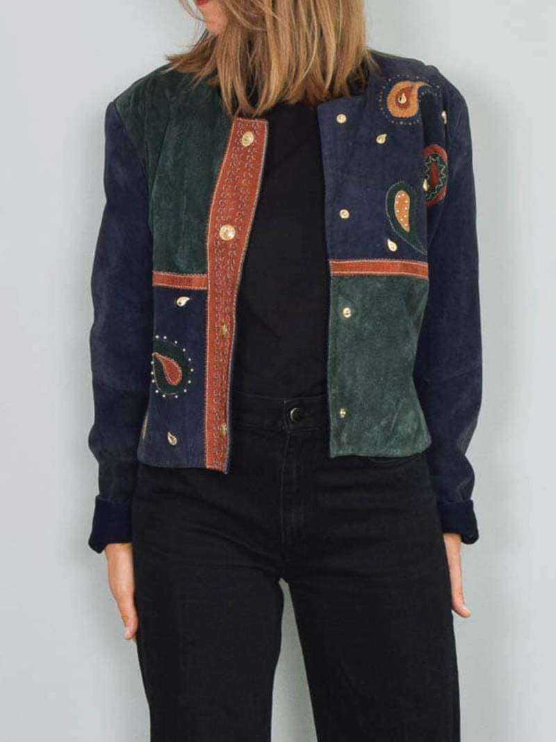 Wildlederjacke Vintage Lederjacke Cropped Wildleder Wolle Gefüttert Paisley 90Er Jahre von prachtstuecke