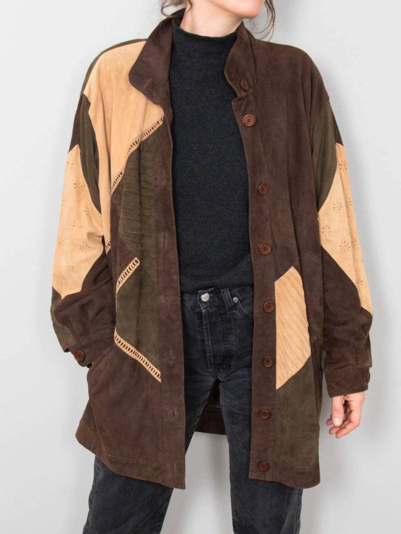 Wildlederjacke Vintage Lederjacke Erdtöne Braun Beige Oversize 90Er Jahre von prachtstuecke