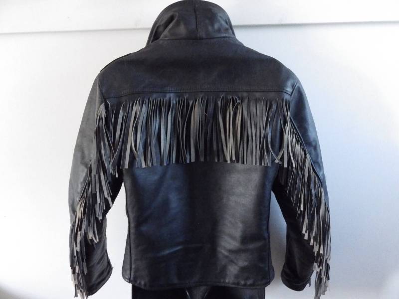 Vintage 50Er Jahre Damen Fransen Motorrad Biker Jacke Aus Schwarzem Leder Größe S Made in Usa von practiceintime